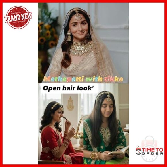 Bridal Headpiece with Attached Tikka Kundan Hair Accessory Adjustable
